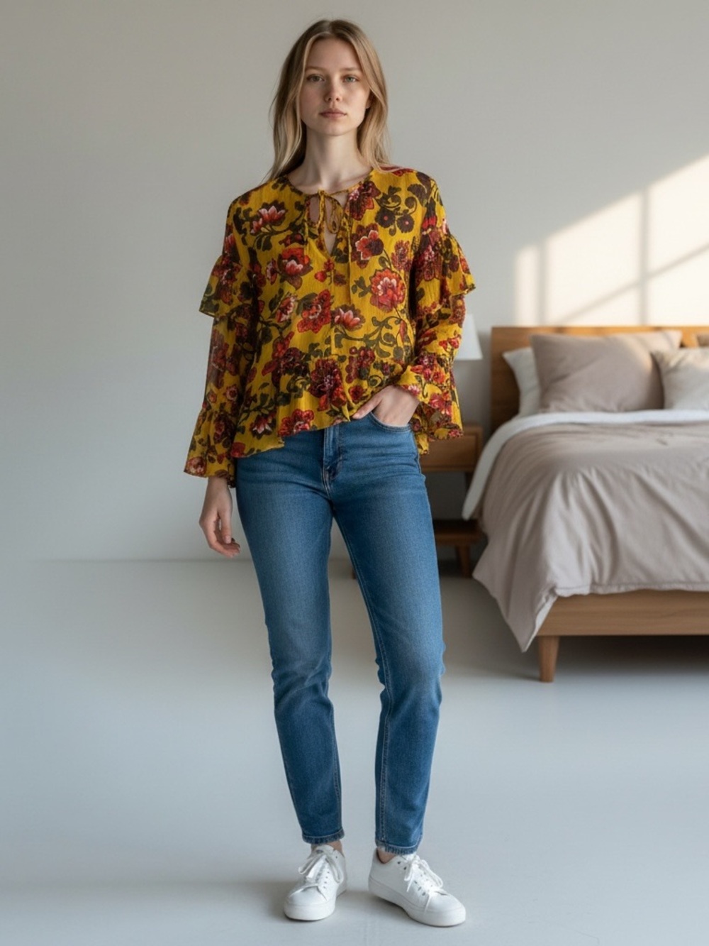 LOFT Mustard Floral Tie-Neck Ruffle Sleeve Blouse